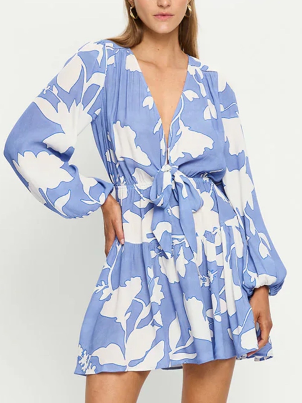 Kivari womans Blue and White Floral Tie-Front Mini Dress size 8